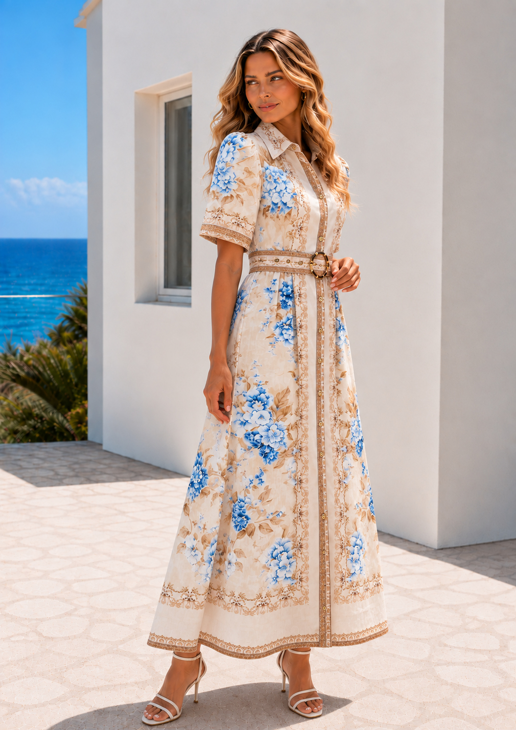 Melodie Dress | Blue - Beige